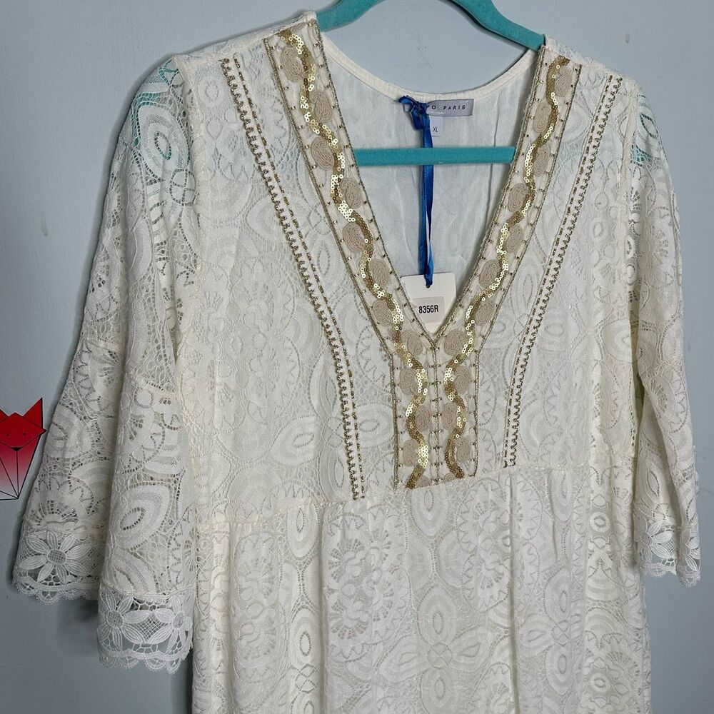 Tempo Paris Ivory Lace Dress Gold Sequin Embellishment with Sleeves Size XL NWT - Picture 3 of 10